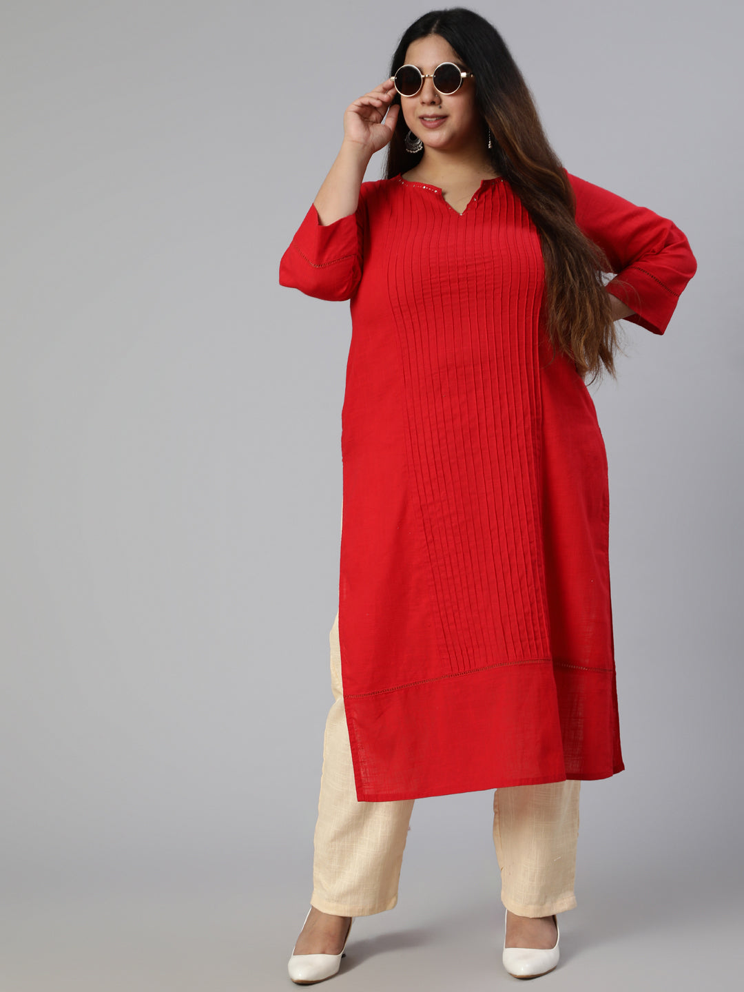 Red Cotton Pin Tucks Straight Kurta With Pants
