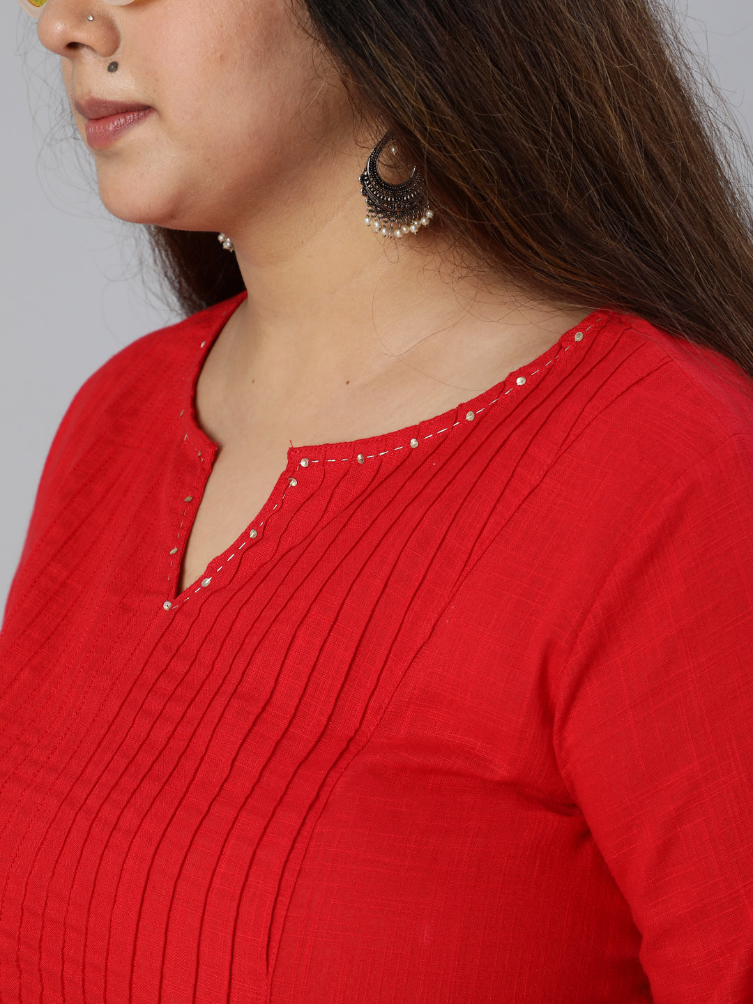 Red Cotton Pin Tucks Straight Kurta With Pants