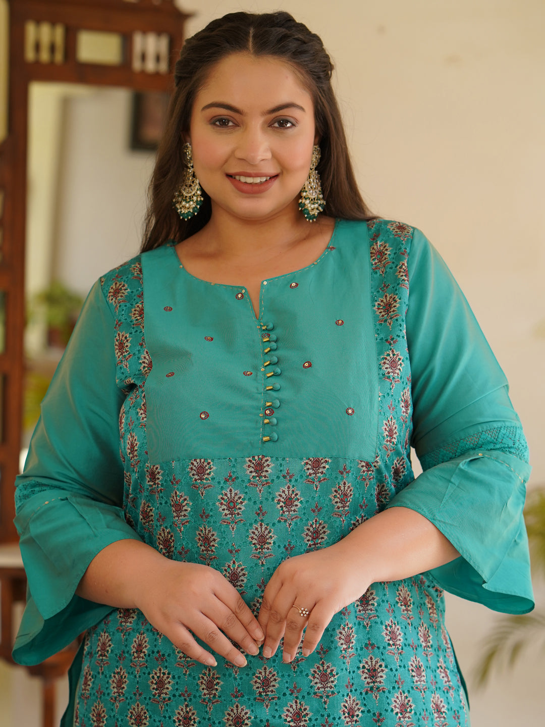 Green Printed Embroidered Kurta With Trousers