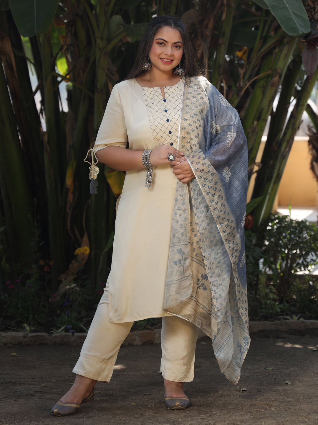 Beige Yoke Design Kurta With Trousers & Dupatta