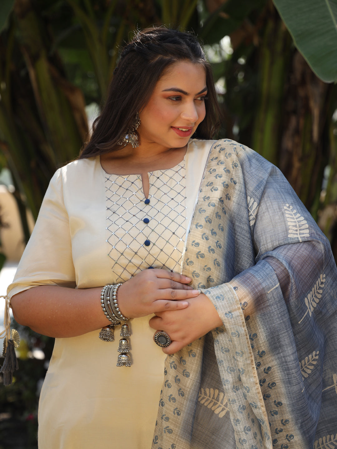 Beige Yoke Design Kurta With Trousers & Dupatta