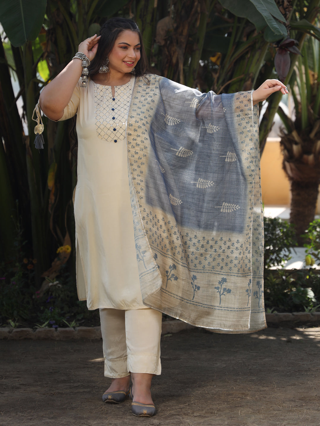 Beige Yoke Design Kurta With Trousers & Dupatta