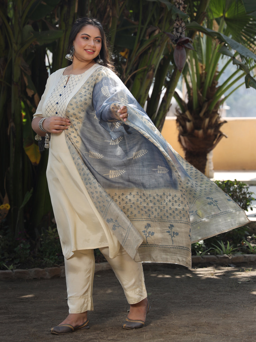 Beige Yoke Design Kurta With Trousers & Dupatta