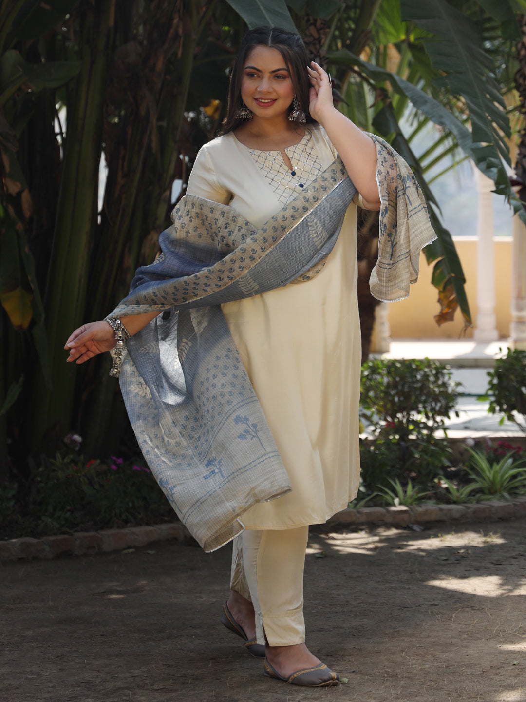 Beige Yoke Design Kurta With Trousers & Dupatta