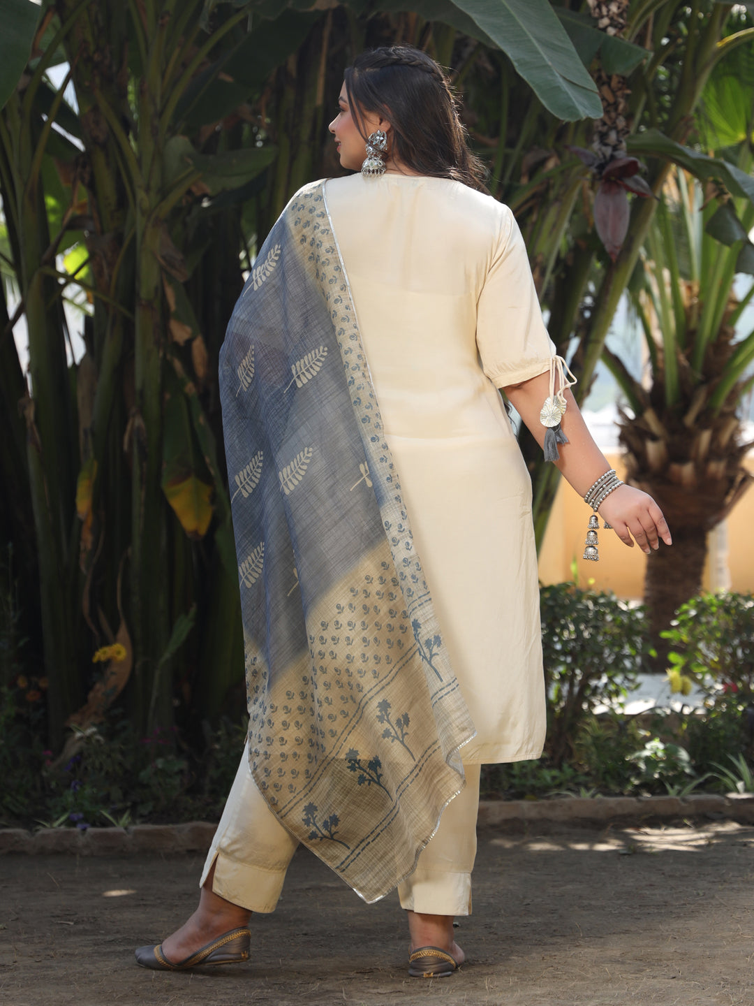 Beige Yoke Design Kurta With Trousers & Dupatta