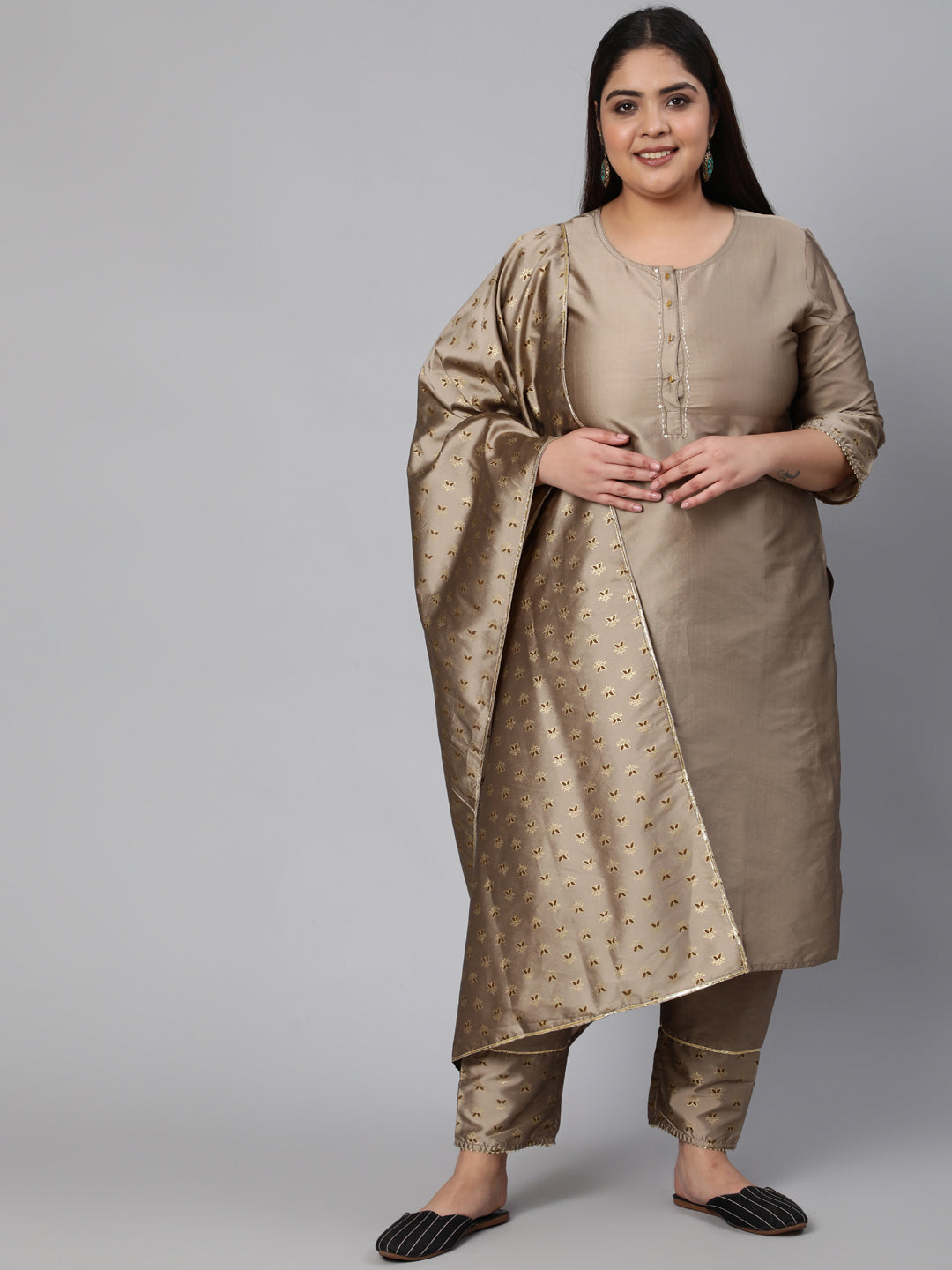 Taupe Thread Work Gold Print Silk Blend Kurta With Pant And Dupatta