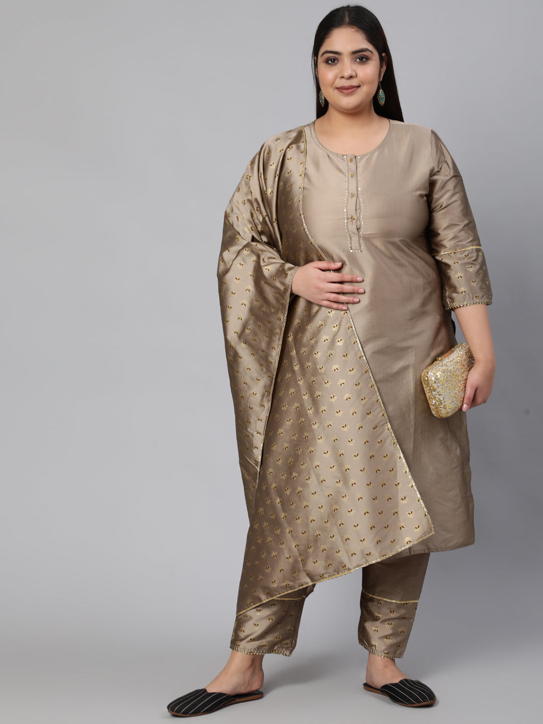 Taupe Thread Work Gold Print Silk Blend Kurta With Pant And Dupatta
