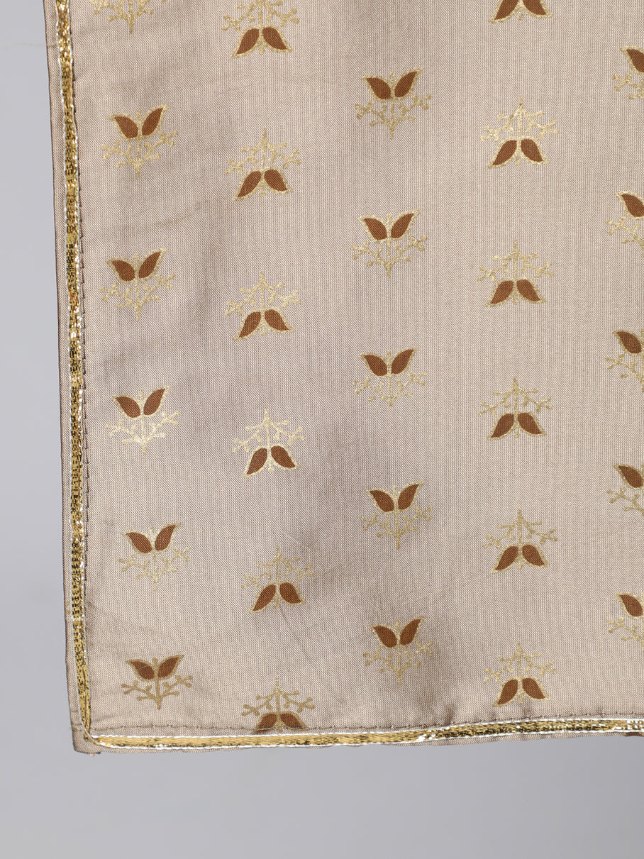 Taupe Thread Work Gold Print Silk Blend Kurta With Pant And Dupatta