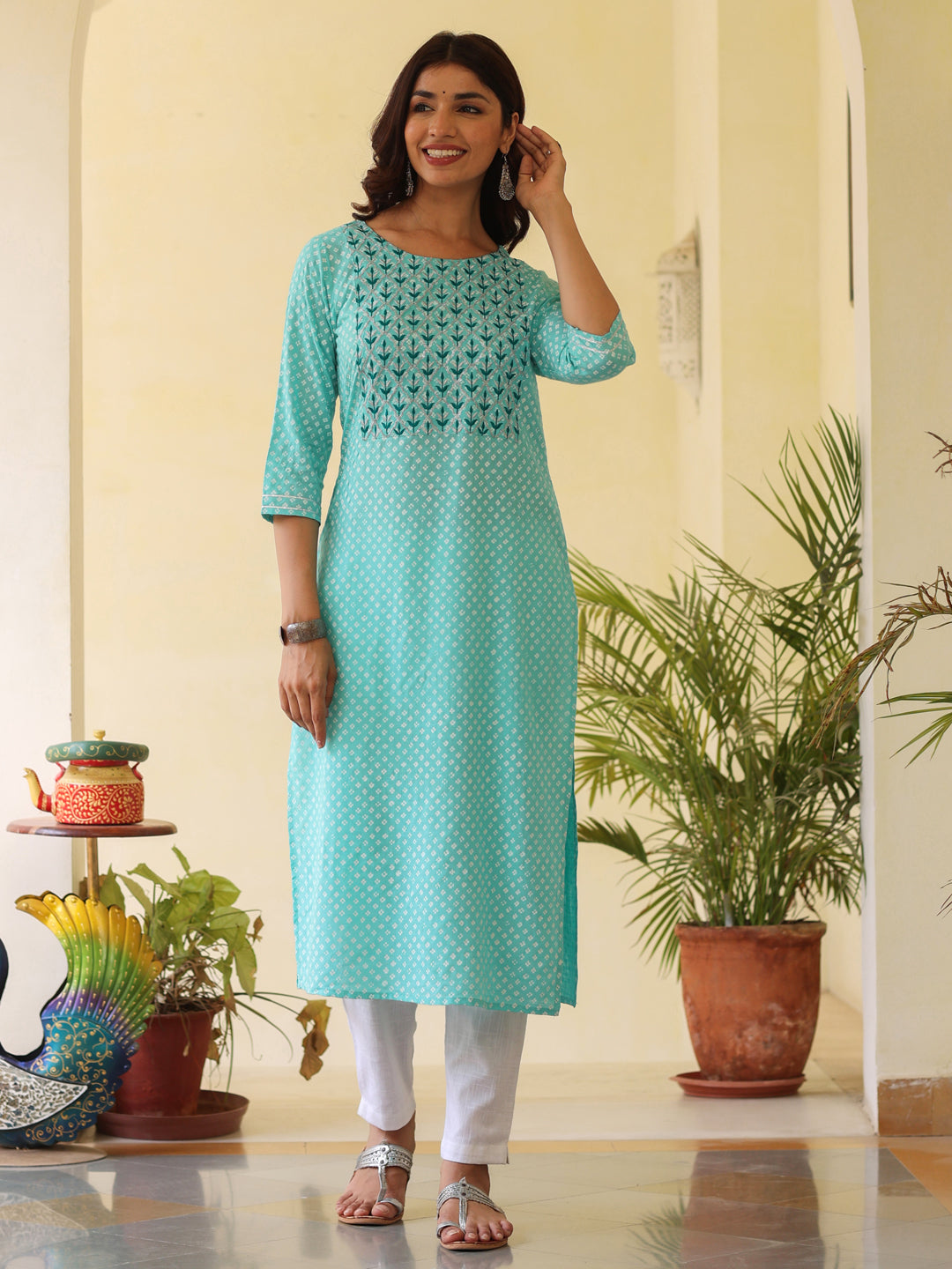 Sea Green Ethnic Printed Straight Rayon Kurta With Embroidered Yoke And Cotton Pants