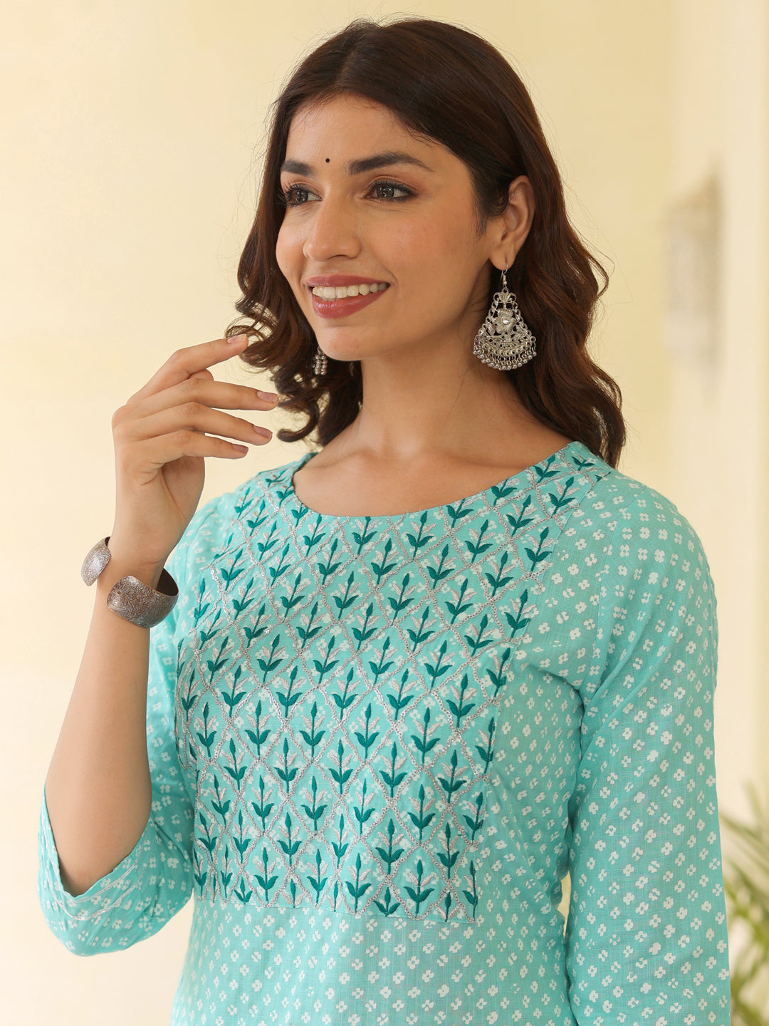 Sea Green Ethnic Printed Straight Rayon Kurta With Embroidered Yoke And Cotton Pants