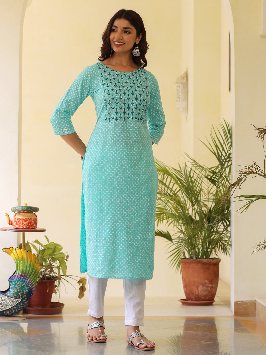 Sea Green Ethnic Printed Straight Rayon Kurta With Embroidered Yoke And Cotton Pants