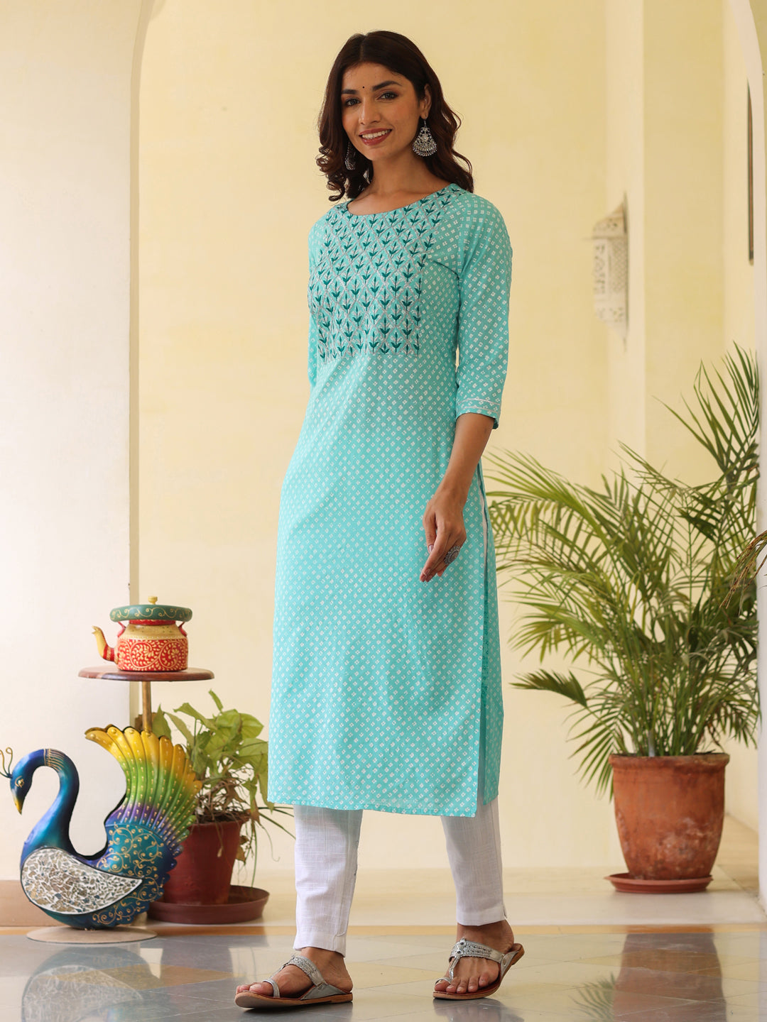 Sea Green Ethnic Printed Straight Rayon Kurta With Embroidered Yoke And Cotton Pants