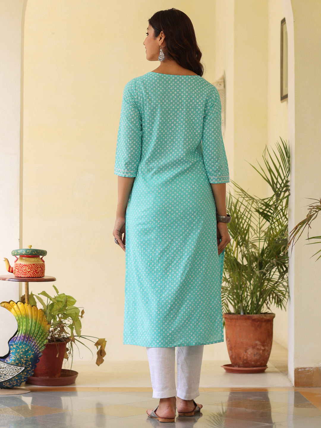 Sea Green Ethnic Printed Straight Rayon Kurta With Embroidered Yoke And Cotton Pants