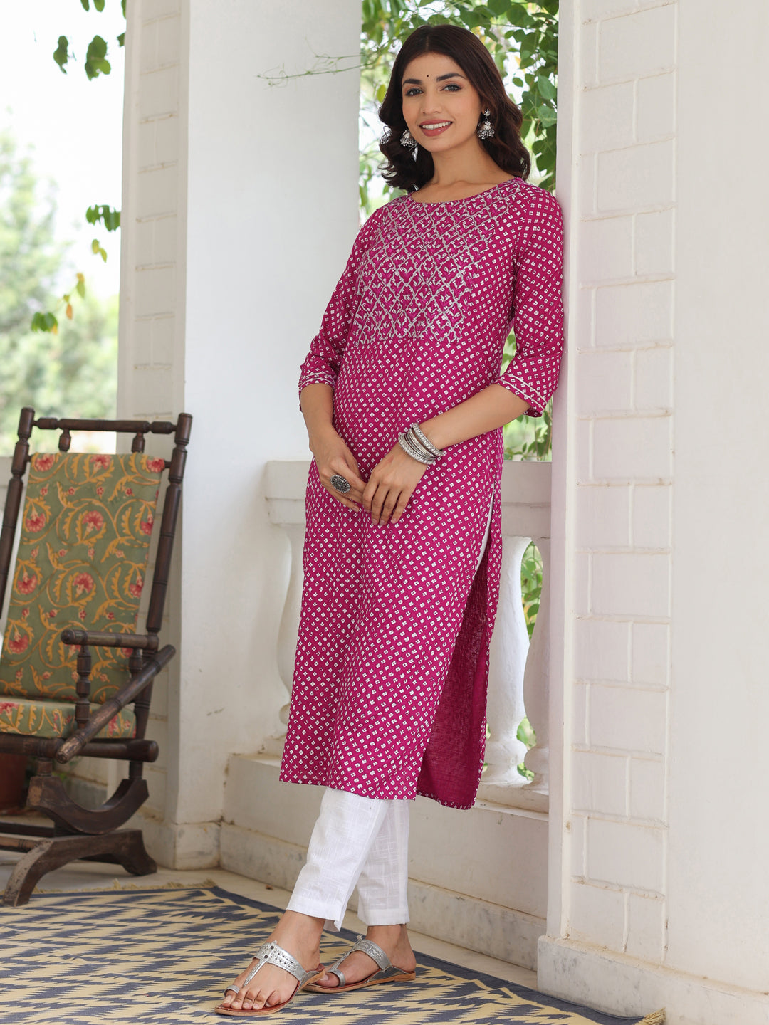 Magenta Ethnic Printed Straight Rayon Kurta With Embroidered Yoke And Cotton Pants