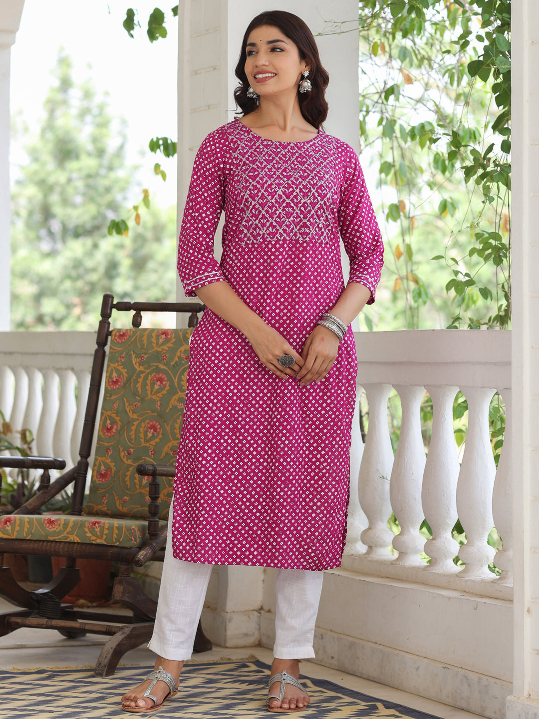 Magenta Ethnic Printed Straight Rayon Kurta With Embroidered Yoke And Cotton Pants