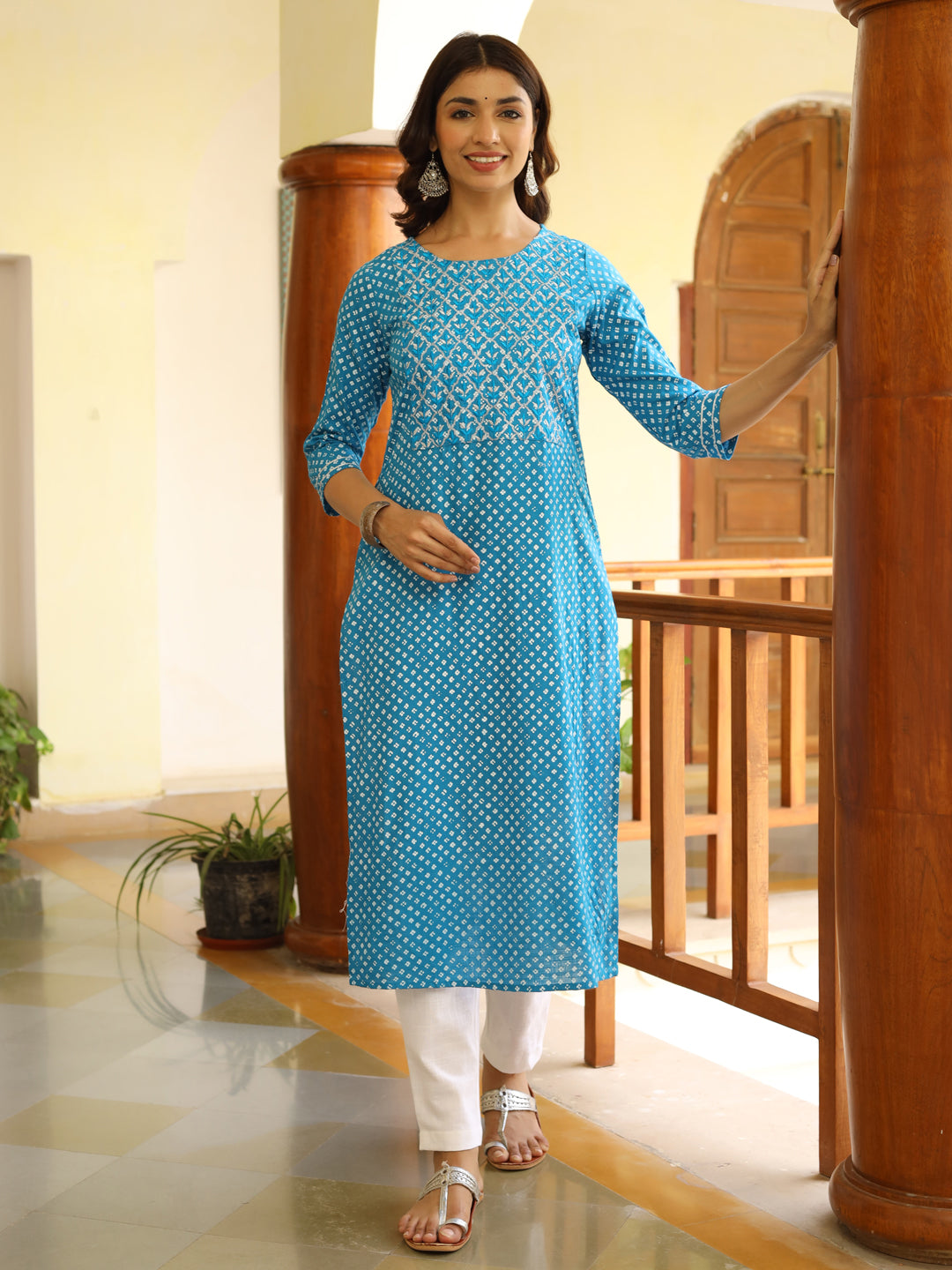 Turquoise Blue Ethnic Printed Straight Rayon Kurta With Embroidered Yoke And Cotton Pants