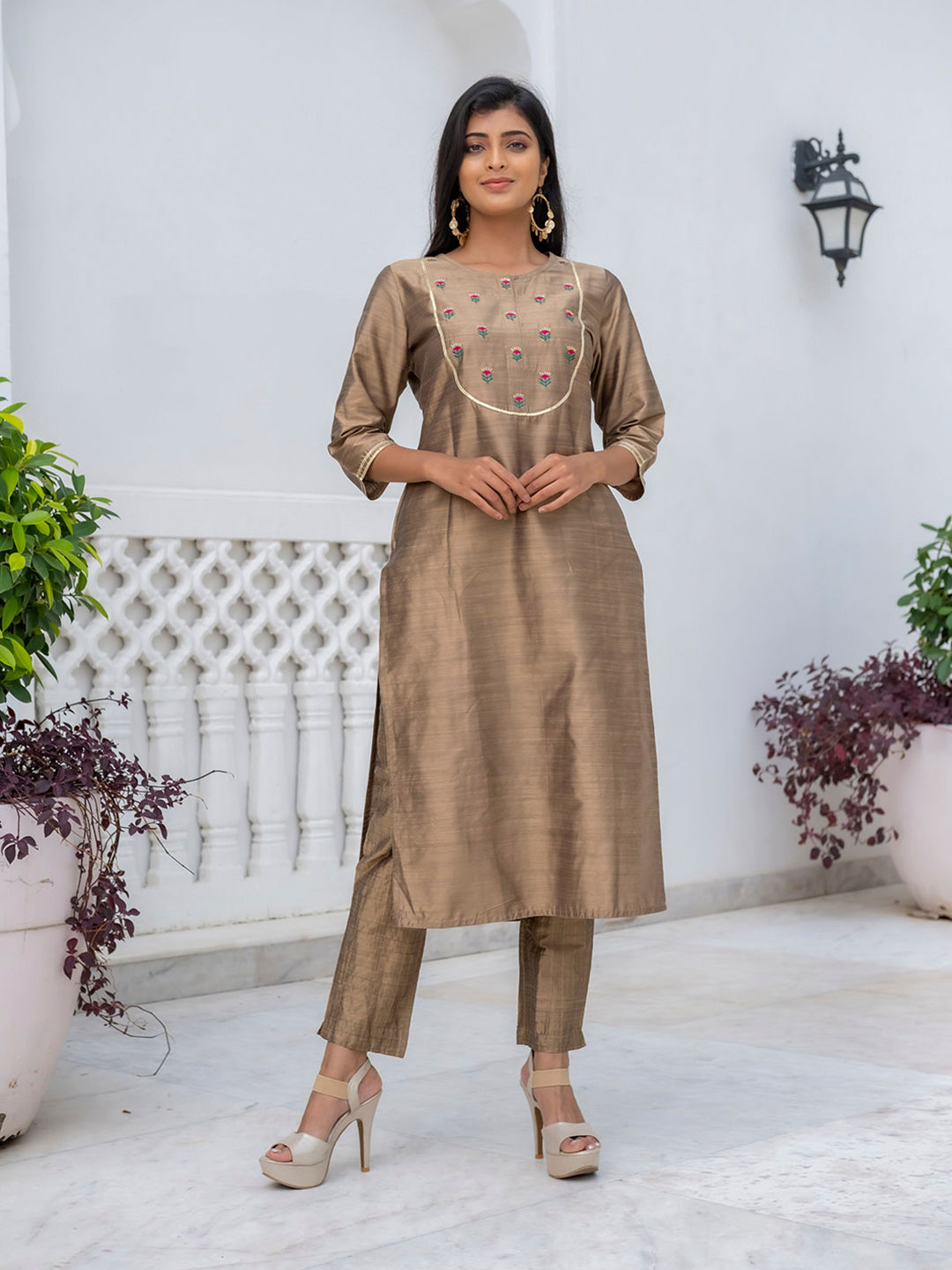 Silk Embroidered Straight Kurta With Pants