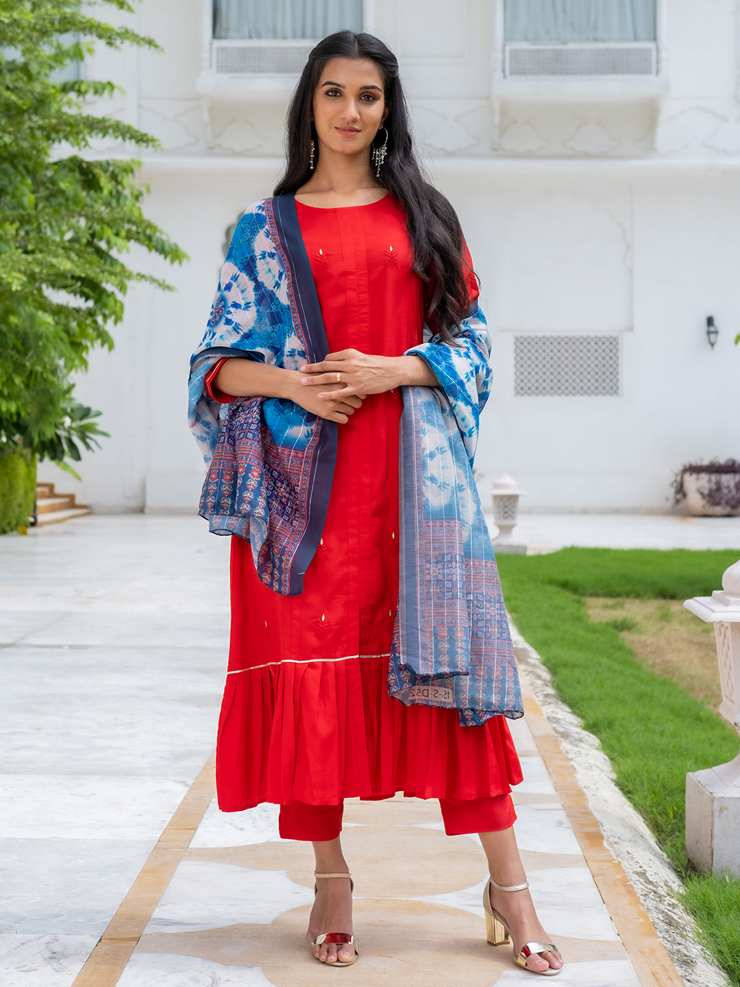 Red Silk Flared Kurta With Pants And Dupatta