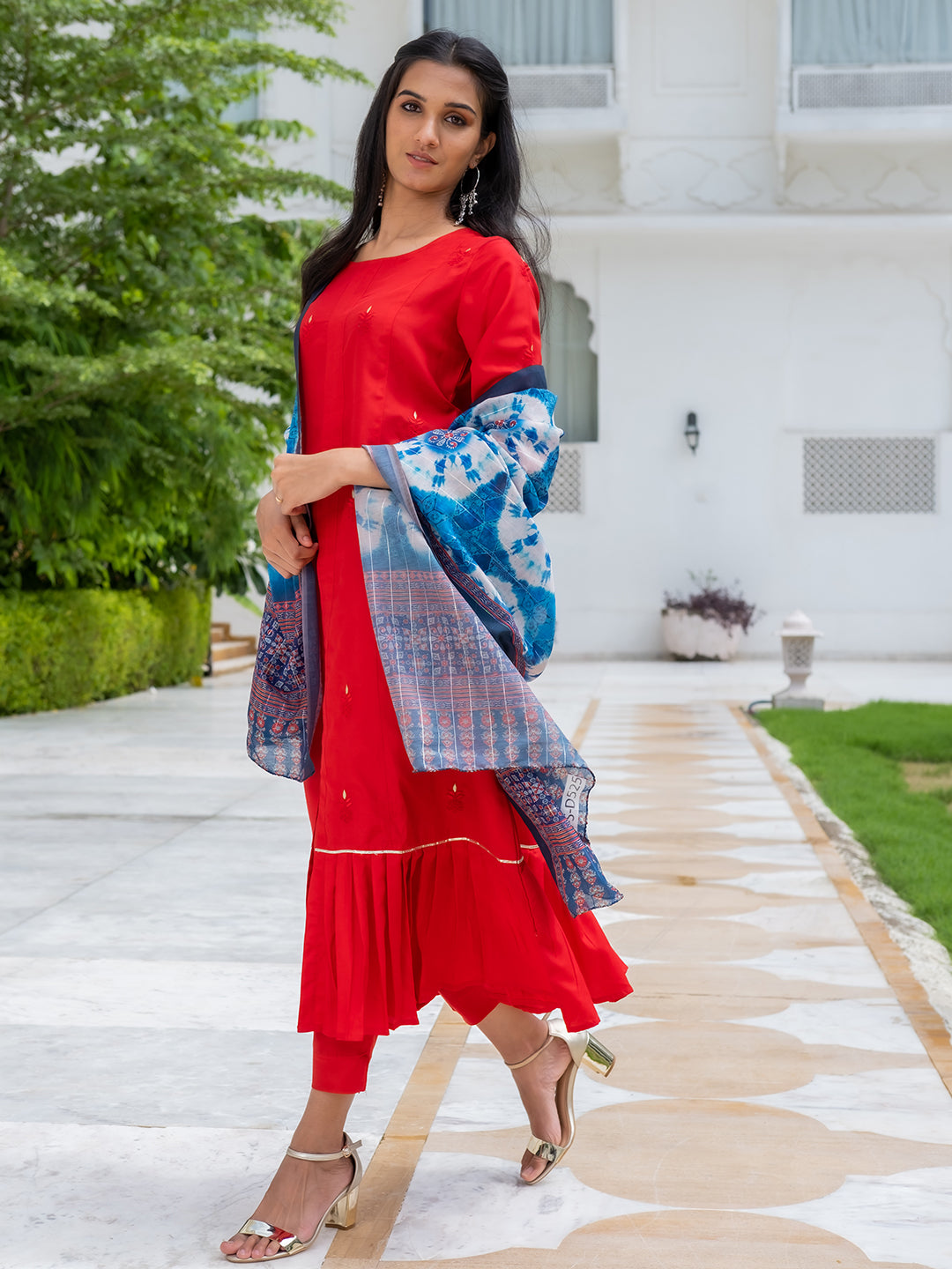 Red Silk Flared Kurta With Pants And Dupatta