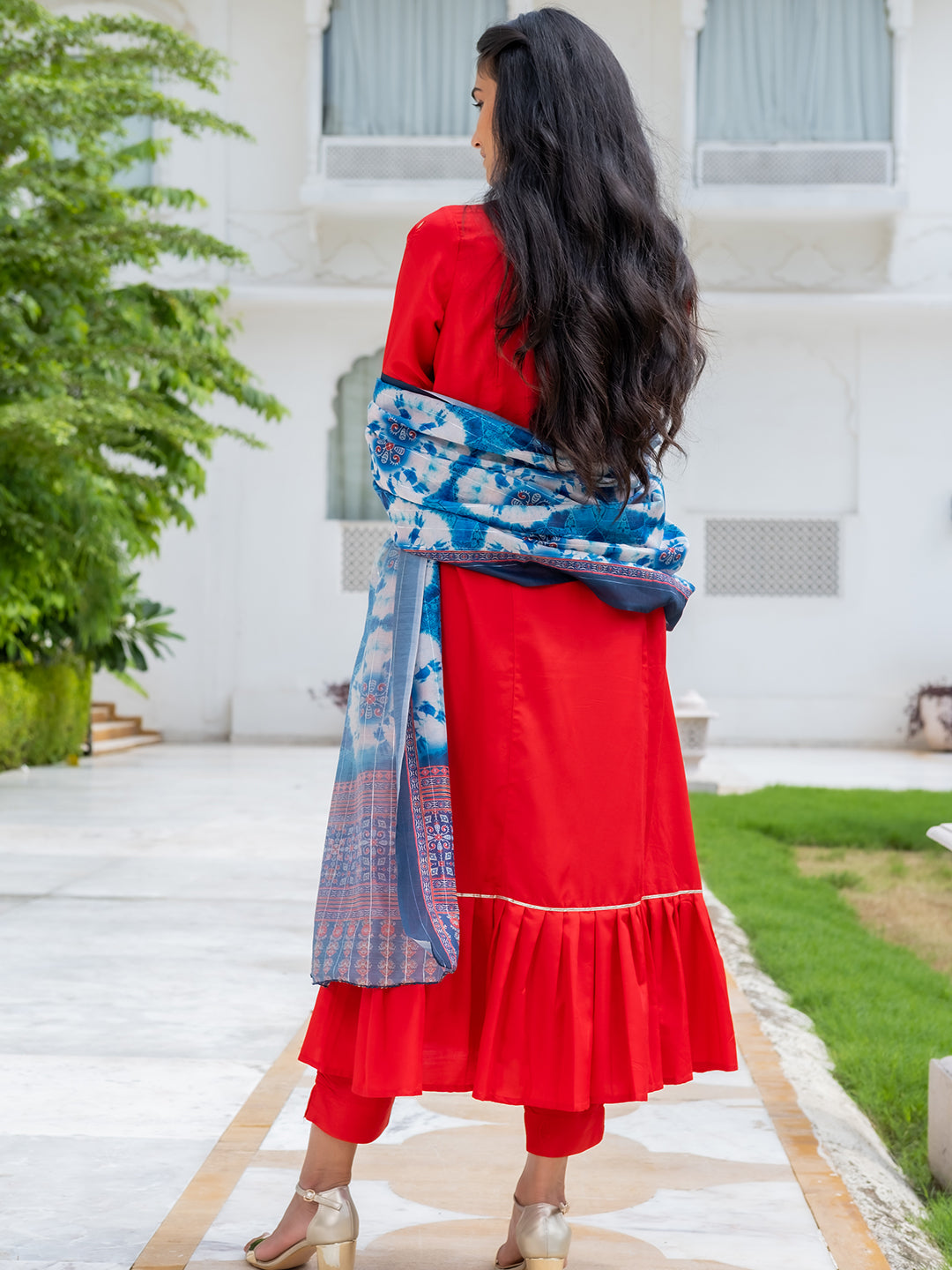 Red Silk Flared Kurta With Pants And Dupatta