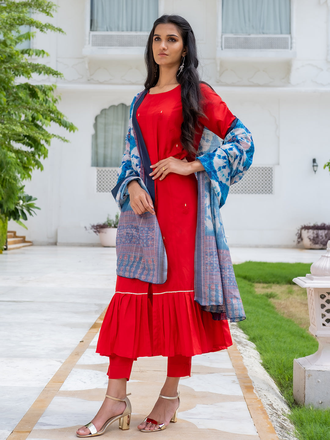 Red Silk Flared Kurta With Pants And Dupatta