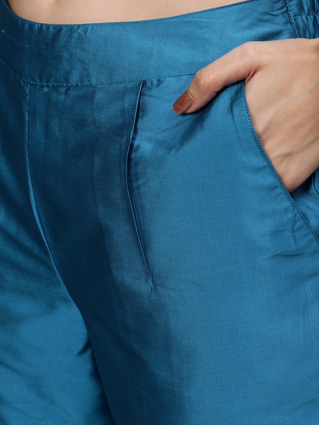 Straight Solid Turquoise Silk Blend Kurta With Pants & Chanderi Dupatta