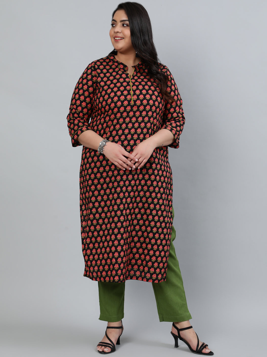 Black Cotton Printed Straight Kurta With Cotton Solid Olive Green Pants