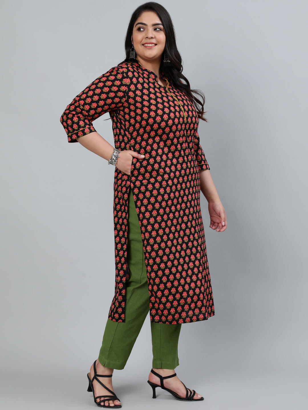 Black Cotton Printed Straight Kurta With Cotton Solid Olive Green Pants