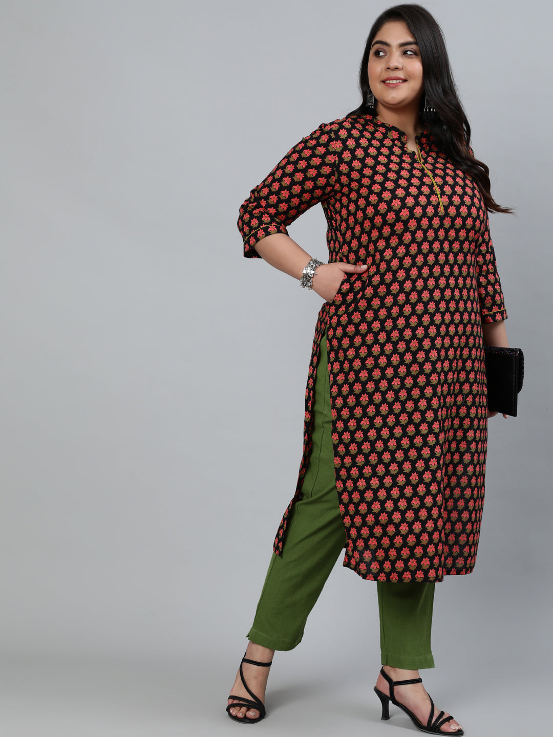 Black Cotton Printed Straight Kurta With Cotton Solid Olive Green Pants