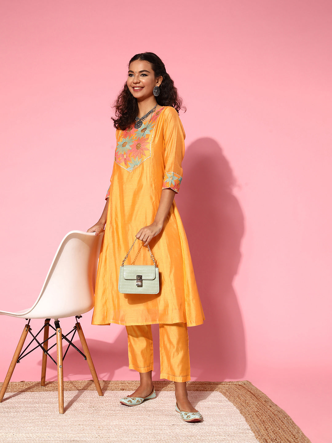 Yellow Chanderi Embroidered A-Line Princess-Cut Kurta With Pants