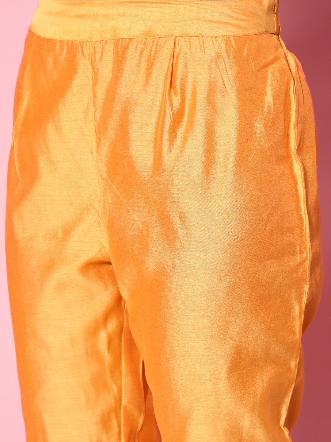 Yellow Chanderi Embroidered A-Line Princess-Cut Kurta With Pants