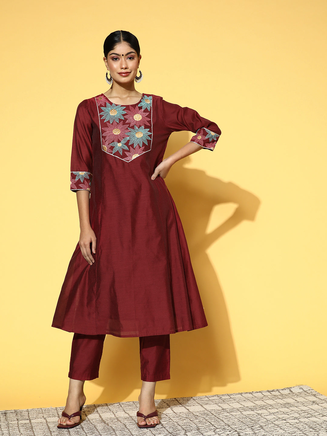 Shop Maroon Chanderi Thread & Sequence Embroidered A-Line Kurta & Solid Pants Online for Women. Explore wide range of Designer Ethnic Wear at Jaipur Kurti
