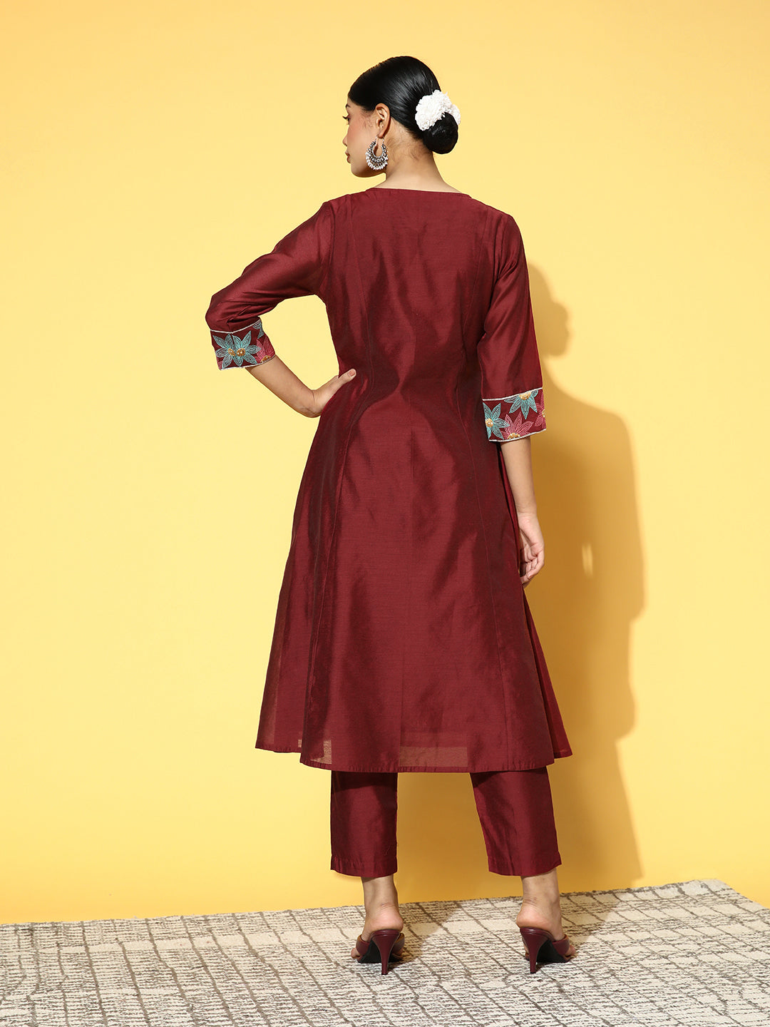 Shop Maroon Chanderi Thread & Sequence Embroidered A-Line Kurta & Solid Pants Online for Women. Explore wide range of Designer Ethnic Wear at Jaipur Kurti