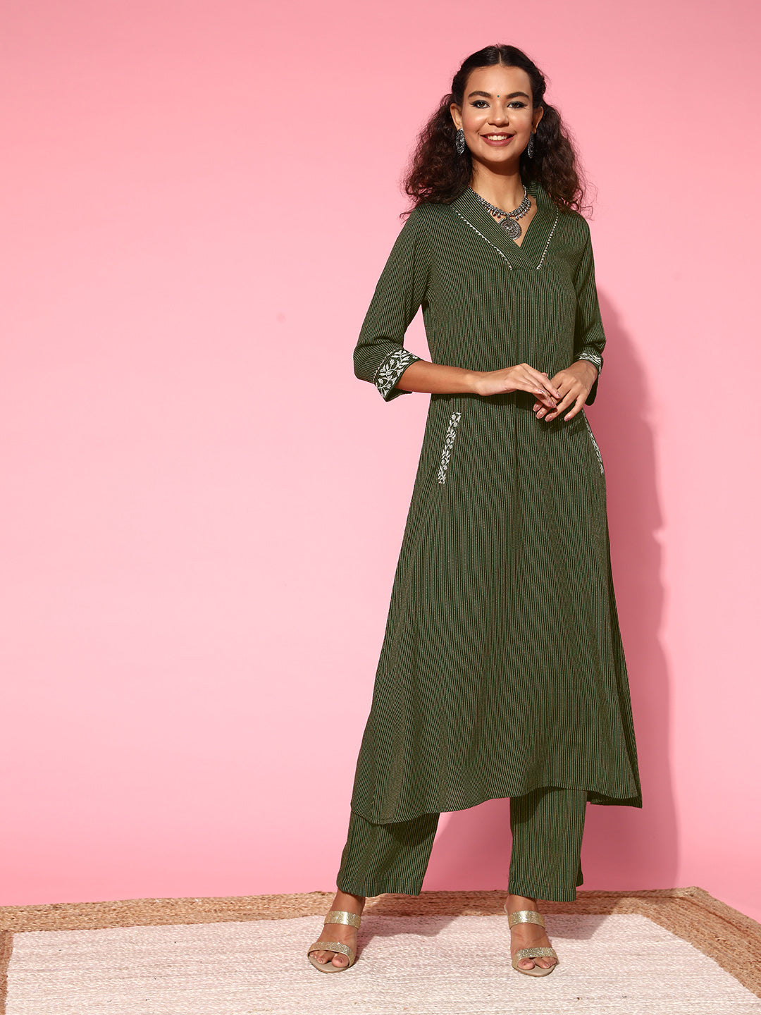 Bottle Green A-Line Embroidered Rayon Kurta With Pants