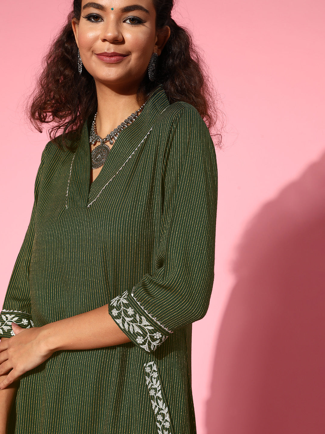 Bottle Green A-Line Embroidered Rayon Kurta With Pants
