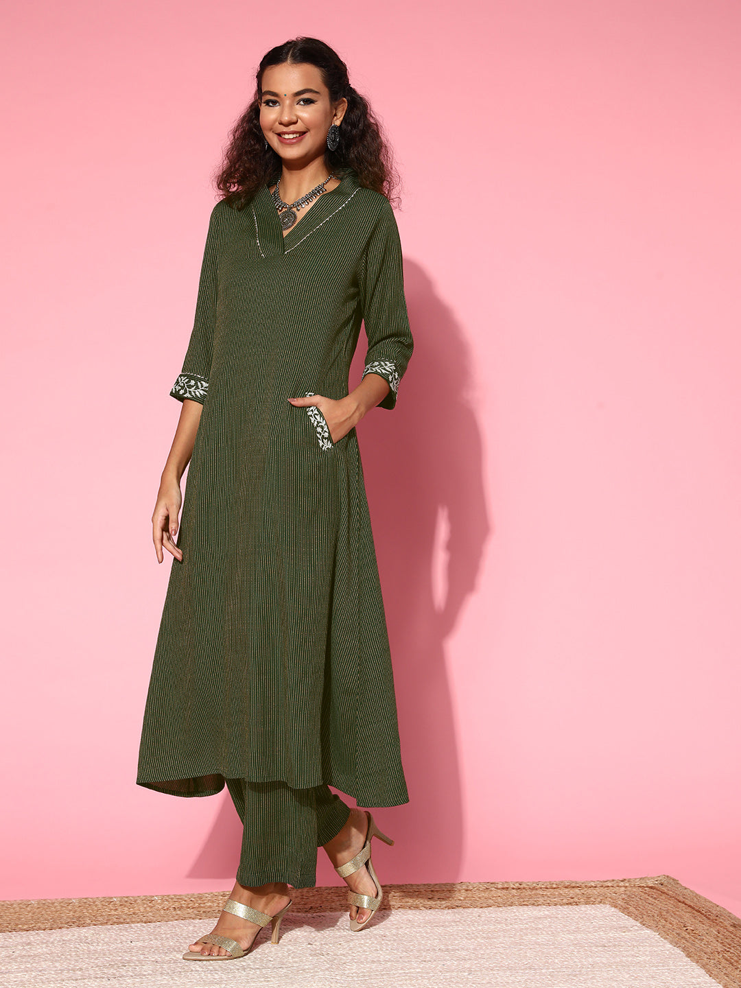 Bottle Green A-Line Embroidered Rayon Kurta With Pants