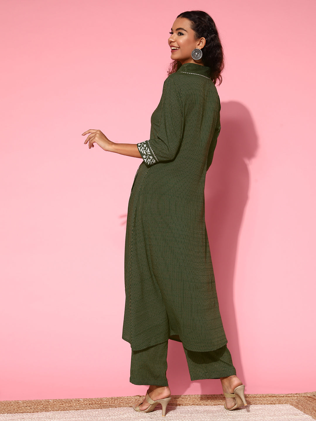 Bottle Green A-Line Embroidered Rayon Kurta With Pants