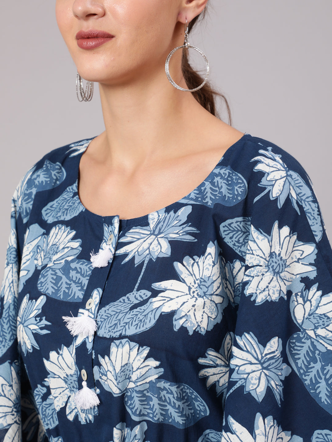 Blue Color Cotton Pigment Floral Printed Kaftan With With Laced Embellishments Paired With Solid White Pants