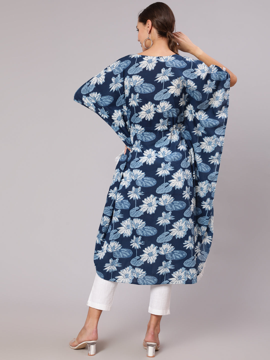 Blue Color Cotton Pigment Floral Printed Kaftan With With Laced Embellishments Paired With Solid White Pants