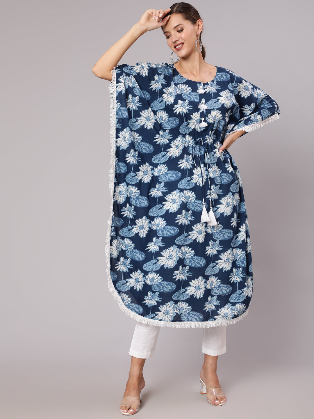 Blue Color Cotton Pigment Floral Printed Kaftan With With Laced Embellishments Paired With Solid White Pants