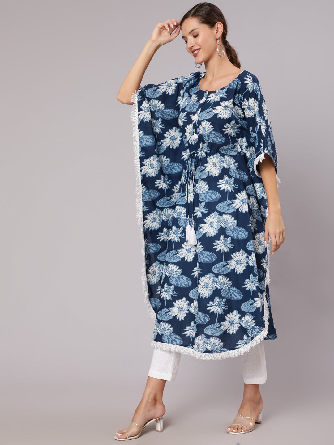 Blue Color Cotton Pigment Floral Printed Kaftan With With Laced Embellishments Paired With Solid White Pants