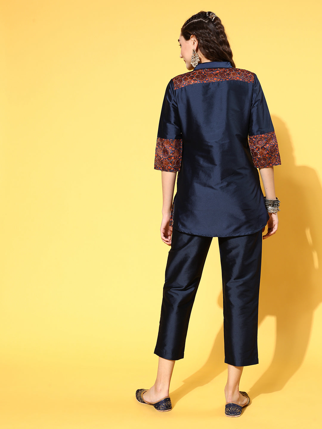 Blue Color Silk And Shifili Embellished Shirt Paired With Solid Silk Trousers