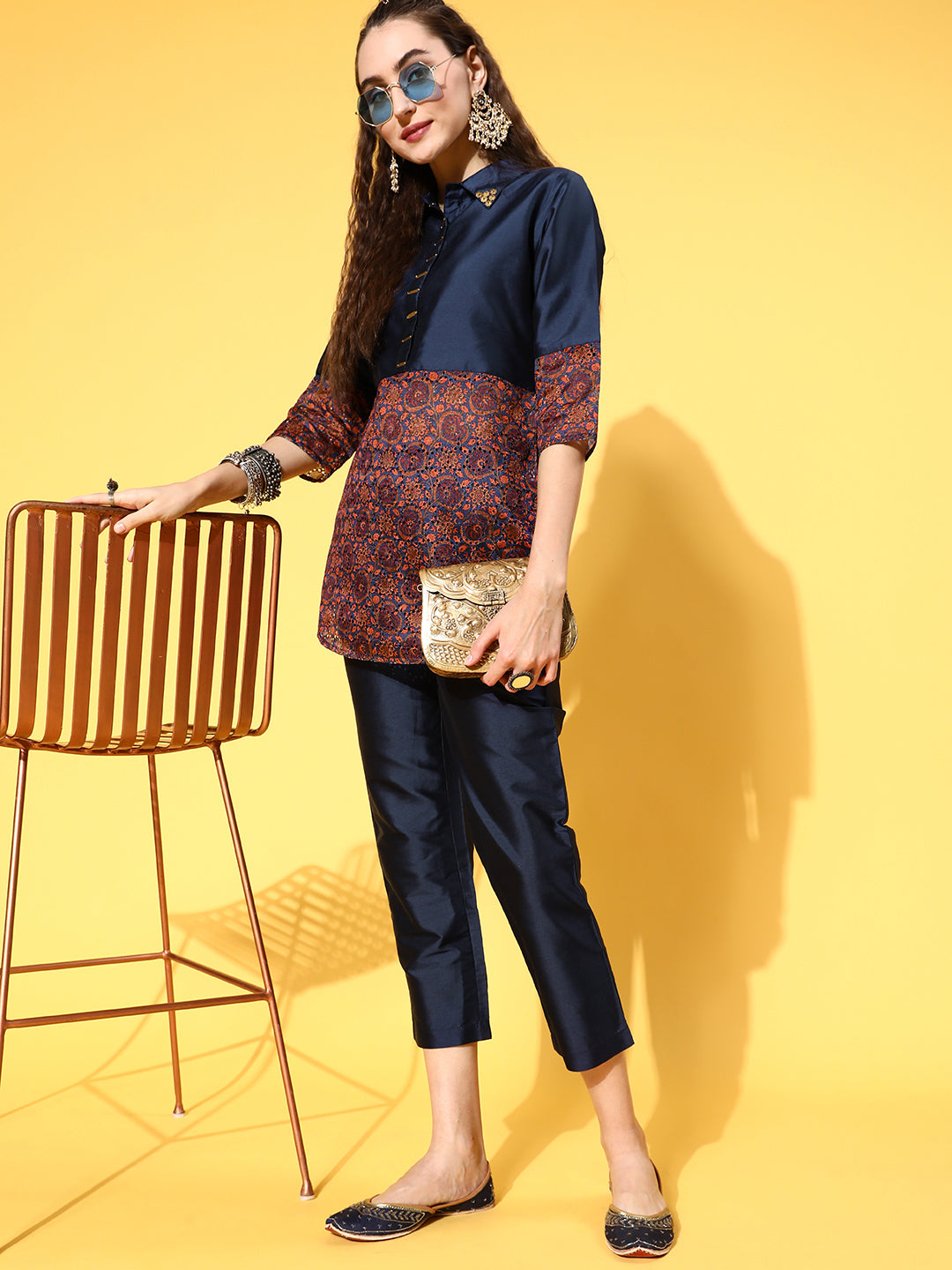 Blue Color Silk And Shifili Embellished Shirt Paired With Solid Silk Trousers