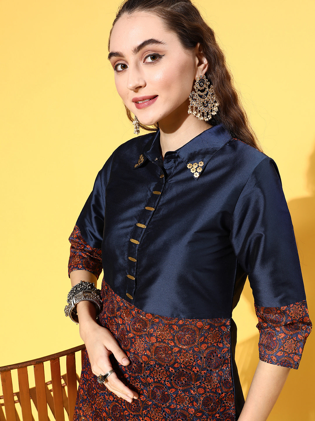 Blue Color Silk And Shifili Embellished Shirt Paired With Solid Silk Trousers