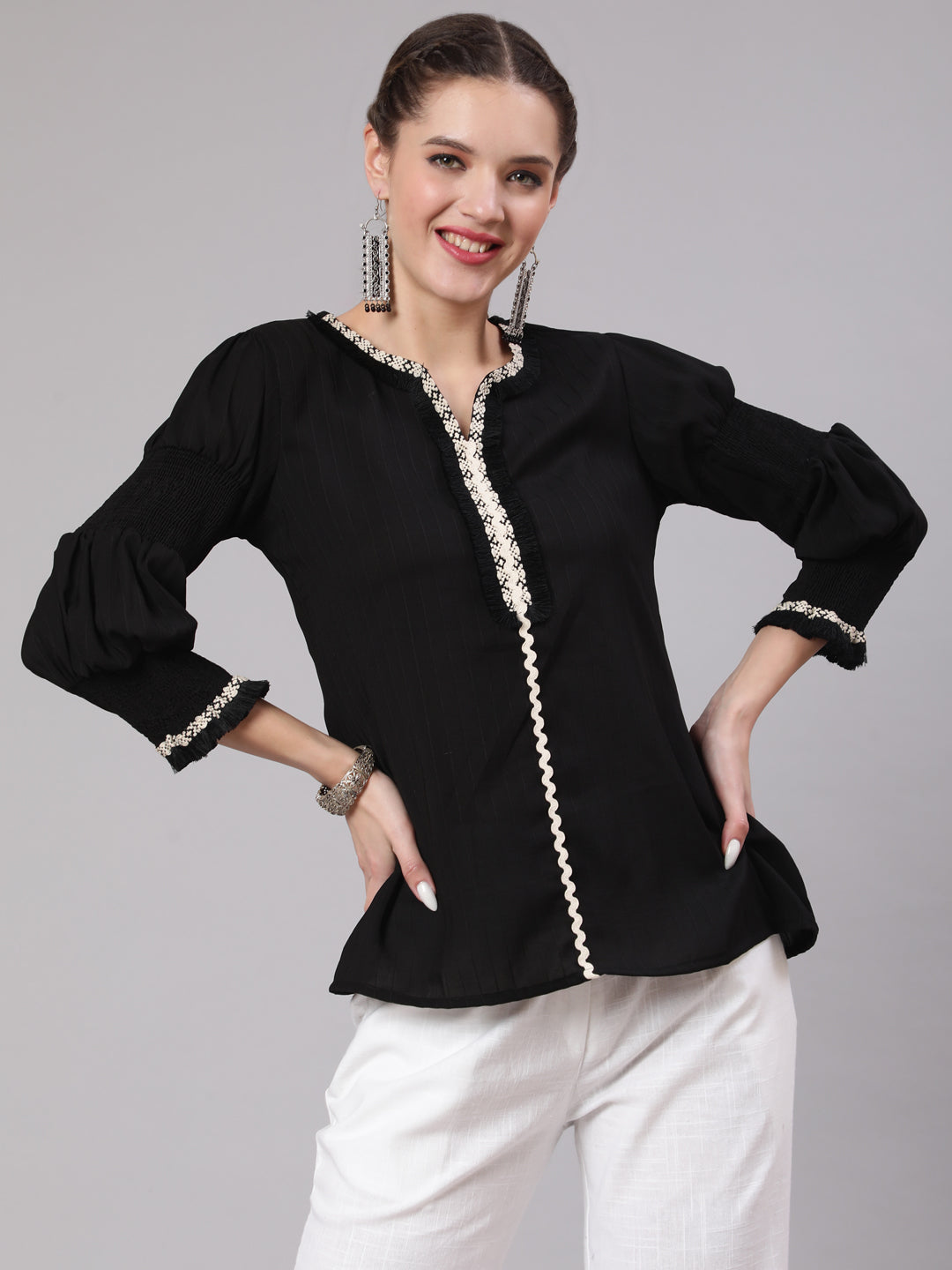 A Black Poly Silk Lace Embellished Top With Smocked Sleeves With Wide-Leg White Pants