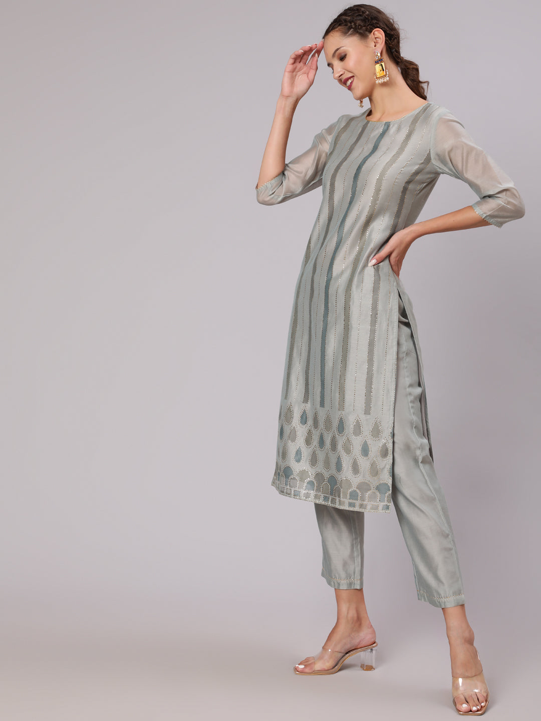 Grey Chanderi Printed Kurta With Solid Chanderi Pant And Tie & Dye Dupatta With Lace