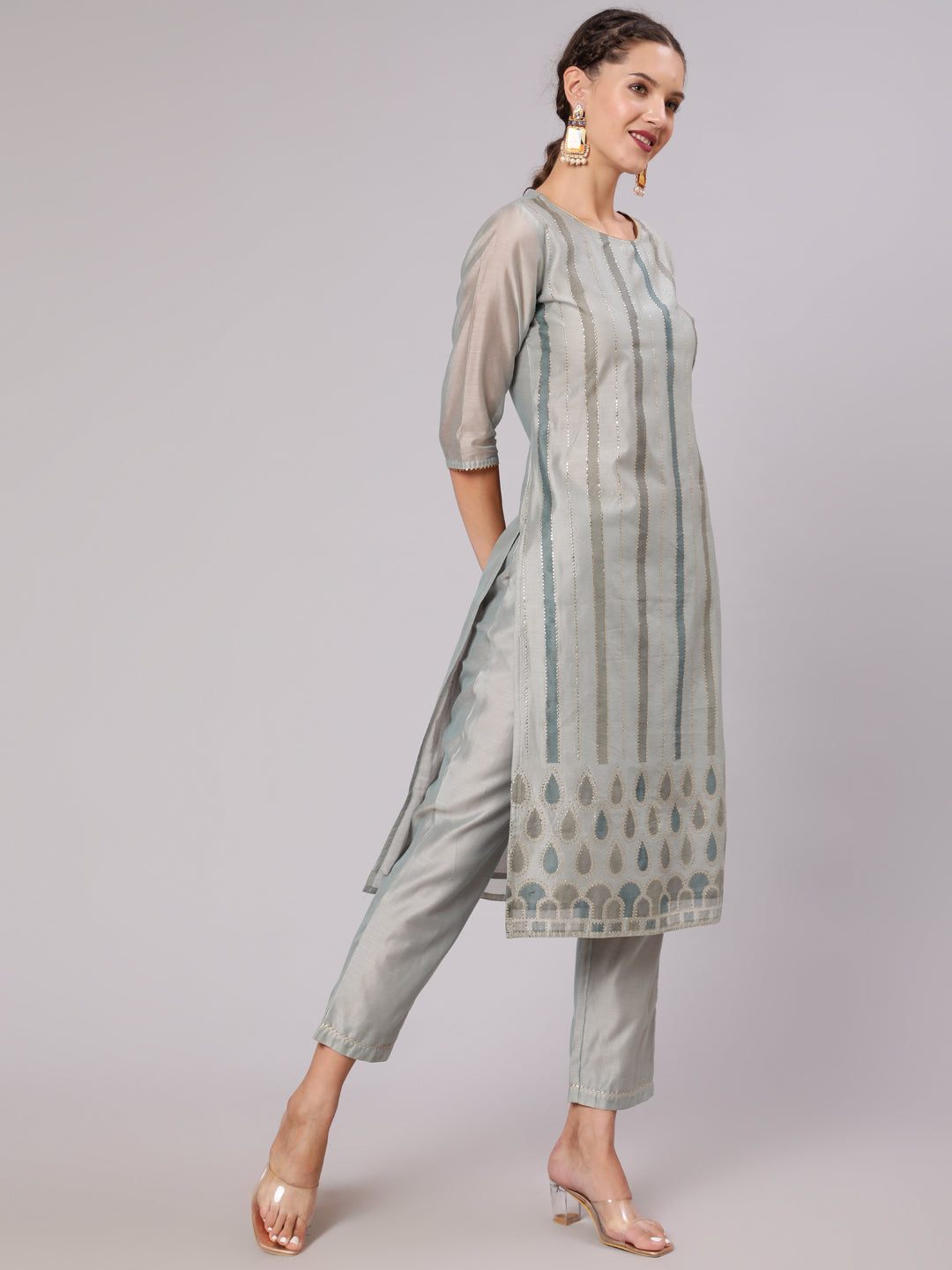 Grey Chanderi Printed Kurta With Solid Chanderi Pant And Tie & Dye Dupatta With Lace