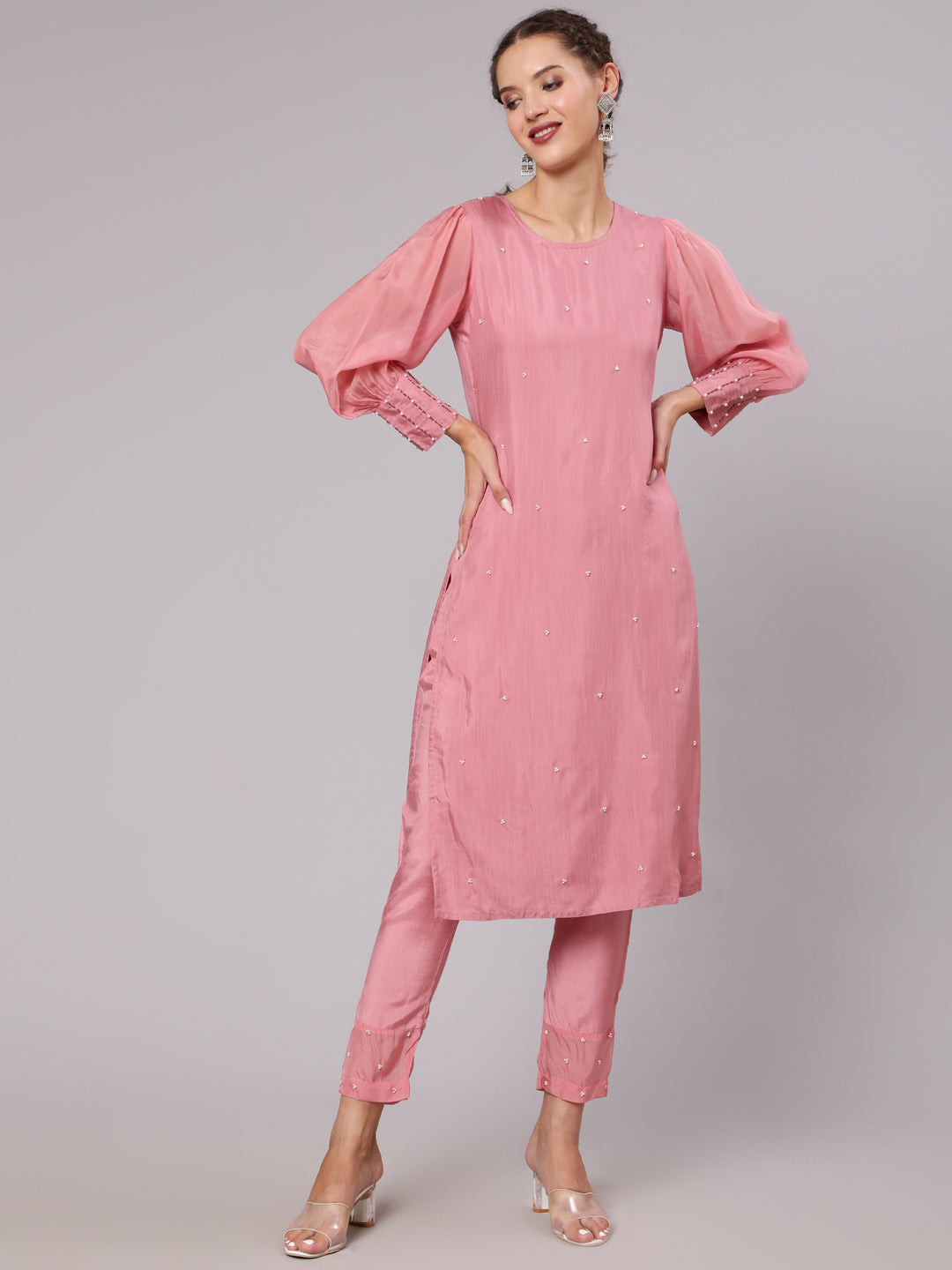 Buy Women Pink Silk Puffed Sleeves Kurta Pant | Jaipur Kurti Shop Pink Silk Fabric Pearl Embellished Puffed Full Organza Sleeves Straight Kurta & Rayon Pants with Pockets for Women At Jaipur Kurti on Special Discounts