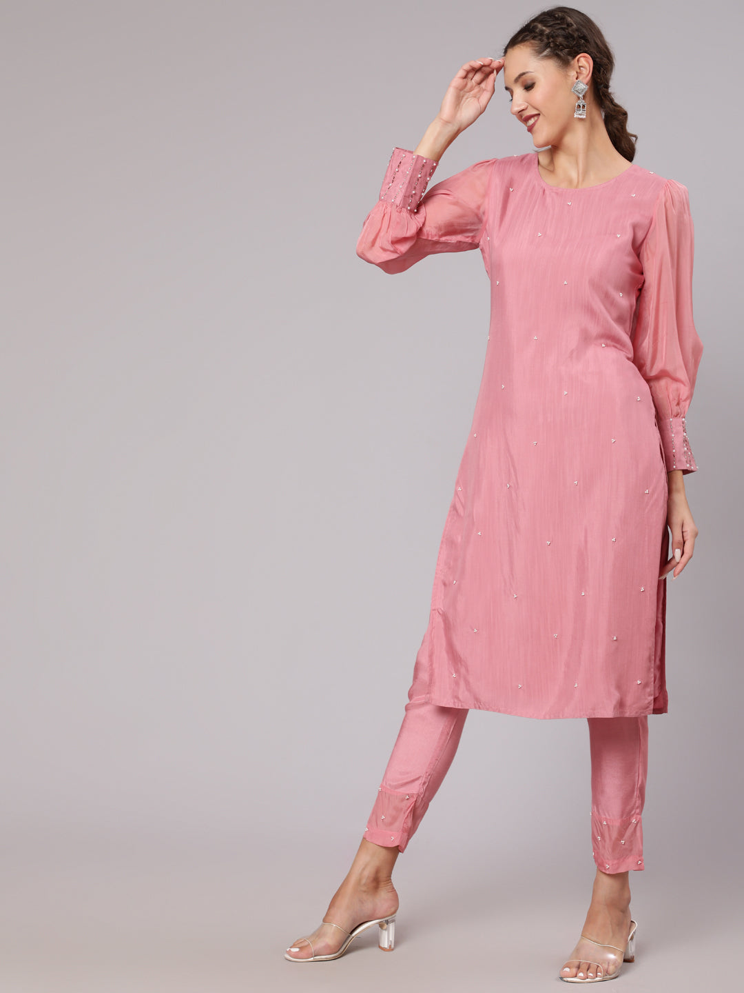 Buy Women Pink Silk Puffed Sleeves Kurta Pant | Jaipur Kurti Shop Pink Silk Fabric Pearl Embellished Puffed Full Organza Sleeves Straight Kurta & Rayon Pants with Pockets for Women At Jaipur Kurti on Special Discounts