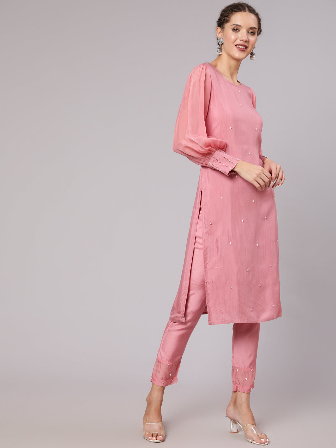 Buy Women Pink Silk Puffed Sleeves Kurta Pant | Jaipur Kurti Shop Pink Silk Fabric Pearl Embellished Puffed Full Organza Sleeves Straight Kurta & Rayon Pants with Pockets for Women At Jaipur Kurti on Special Discounts